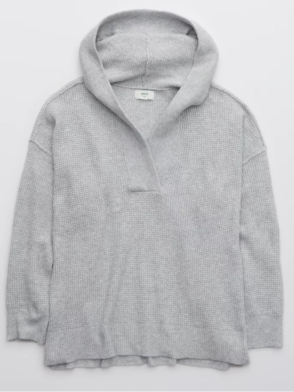 Aerie CozyUp Waffle Knit Sweater Hoodie Heather Gray Sz XL - Picture 4 of 12